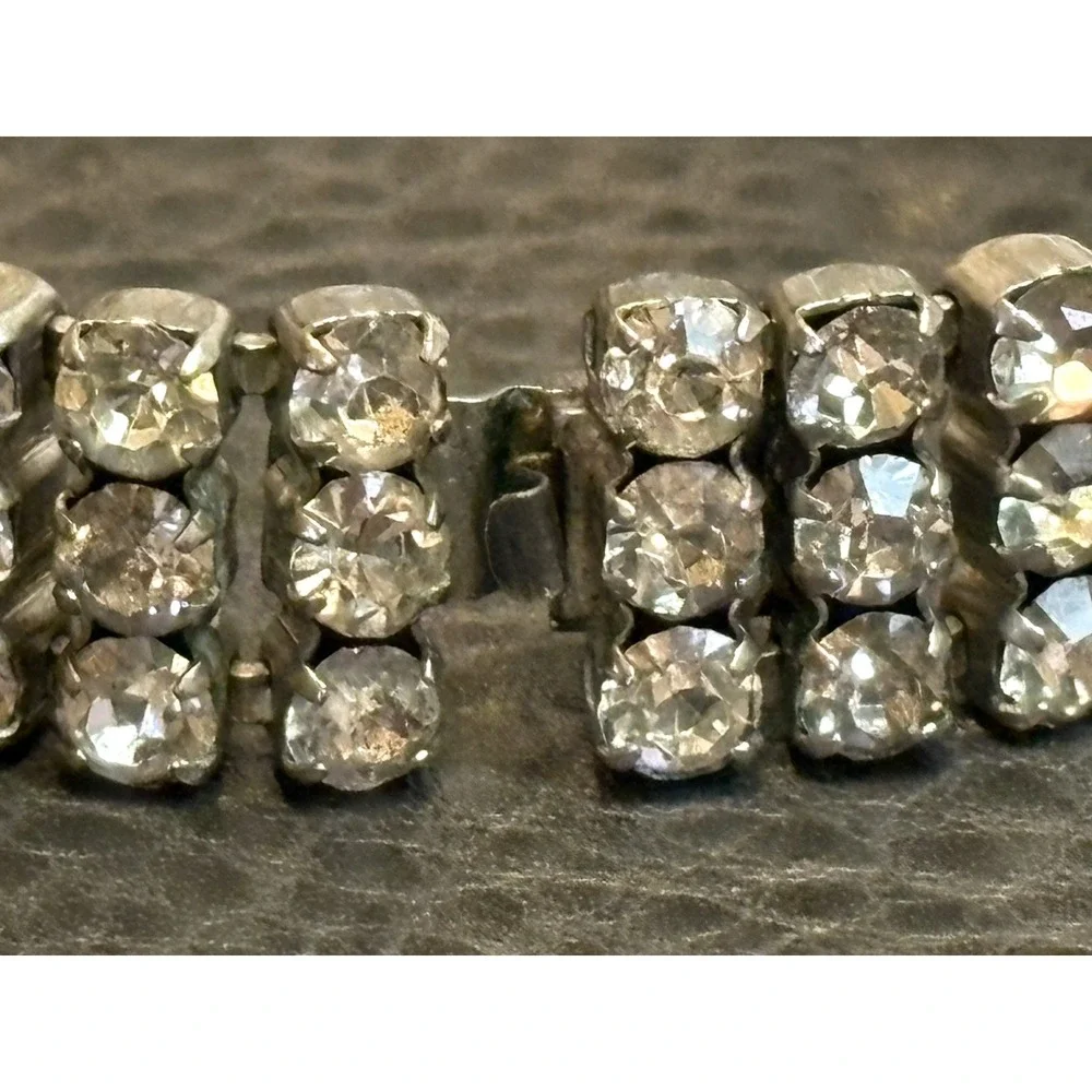 VTG Rhinestone Bracelet Silver Tone 3 Rows Art Deco - MCM Era Sparkly